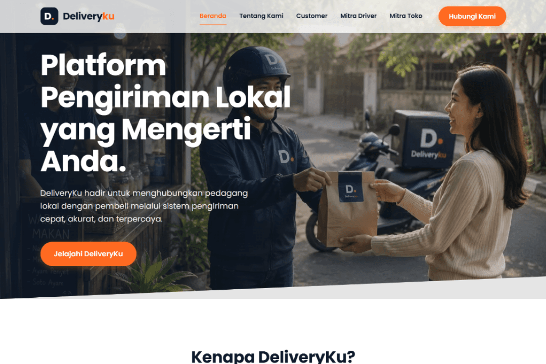 Visual website DeliveryKu: mitra driver menyerahkan pesanan kepada pelanggan di depan warung lokal