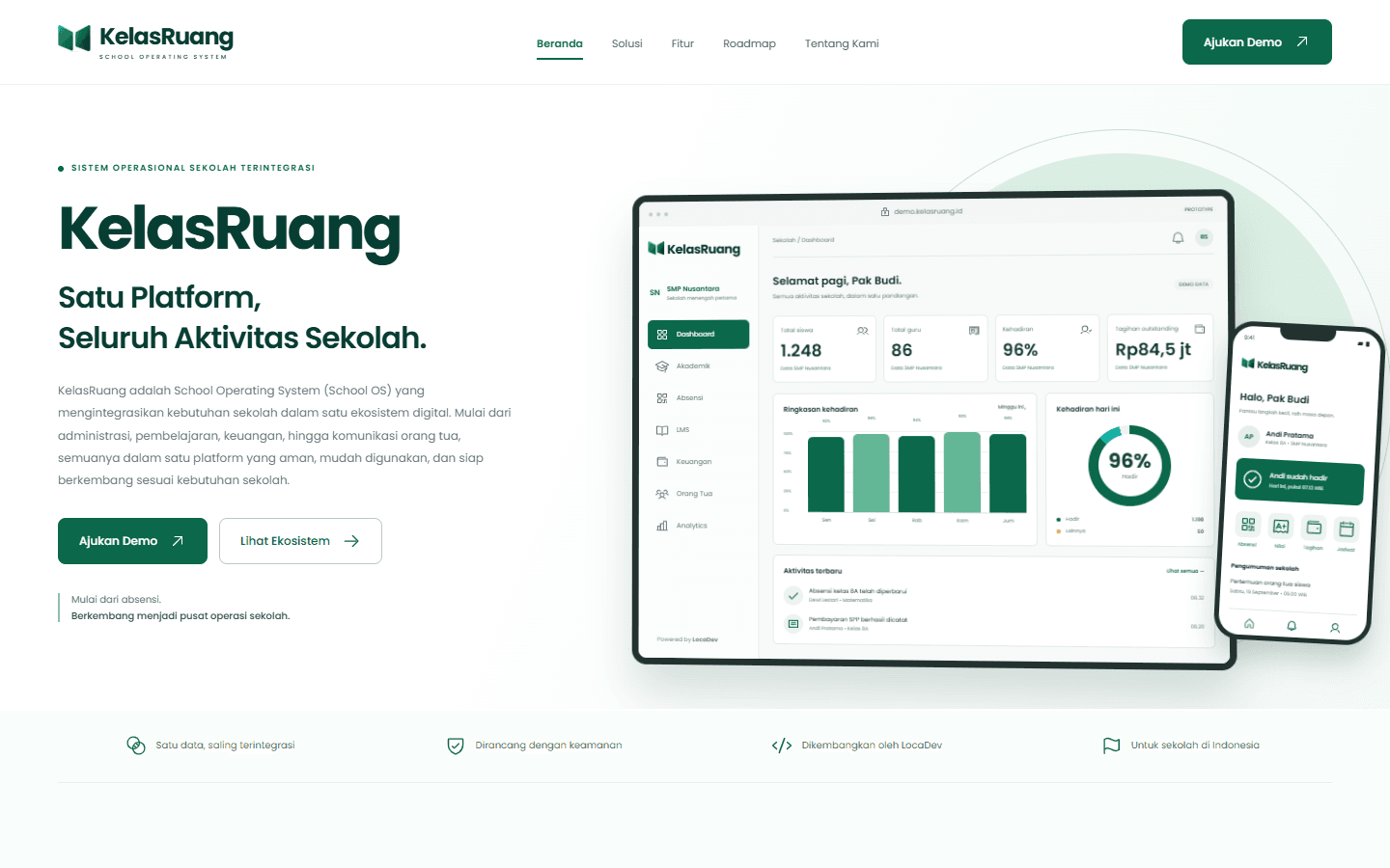 Pratinjau halaman KelasRuang, prototype dengan data demo